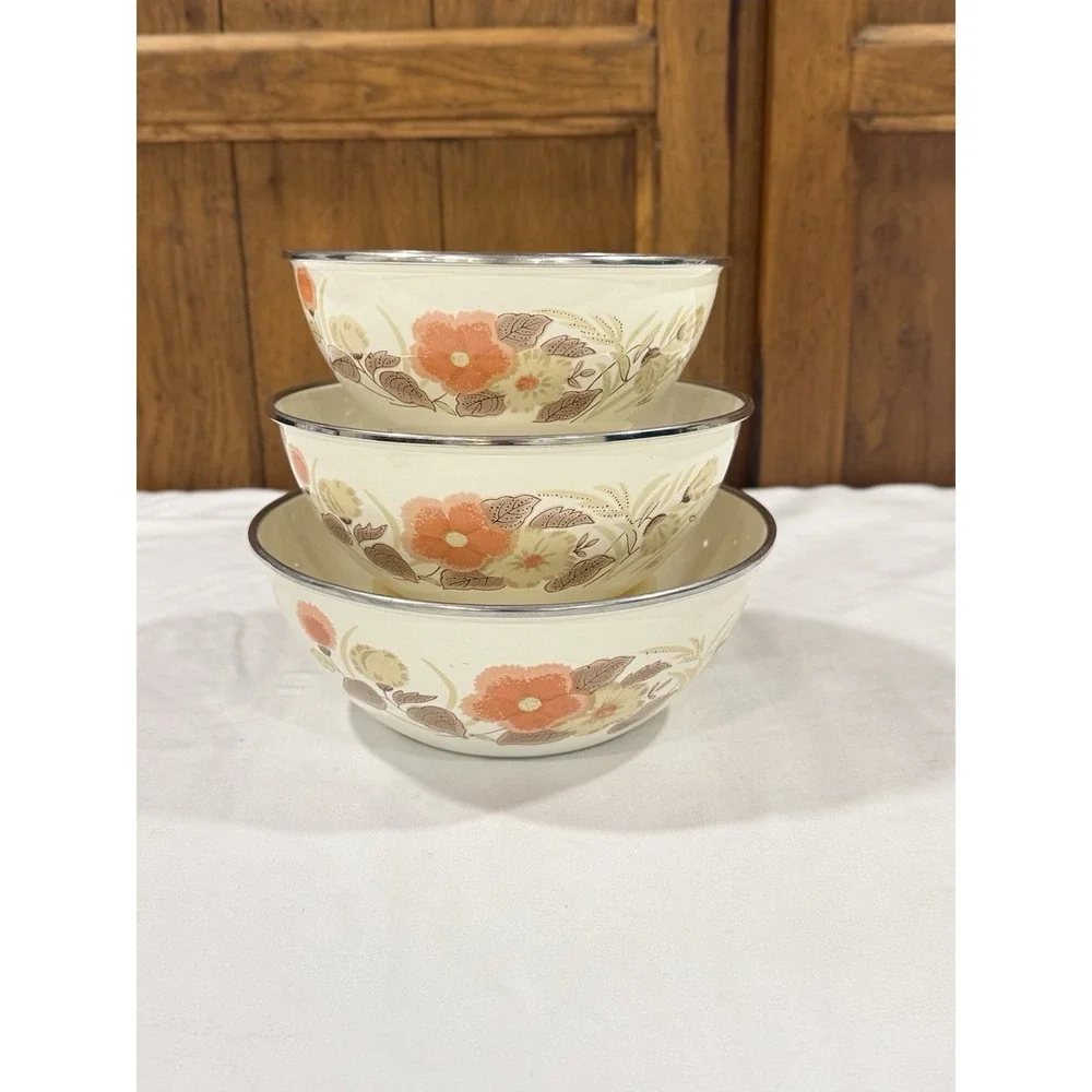 Vintage Enamelware Nesting Mixing Bowls Set 3 Orange Floral 70s Farmhouse